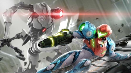 Art from Metroid Dread, a game John Cent reportedly loves, showing Samus going up against a strange, spindly, white robot.
