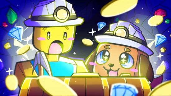 Art for Mining Simulator 2 showing a dog and a Roblox character in mining gear with glittery eyes as they look at underground treasure.
