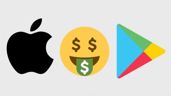 Custom image for mobile game spending article with apple, google play logos and money eye emoji