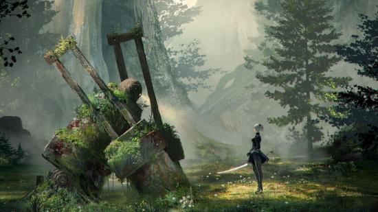 Art for Nier Automata, 2B standing before a giant derelict mechanical thing, wrapped moss.