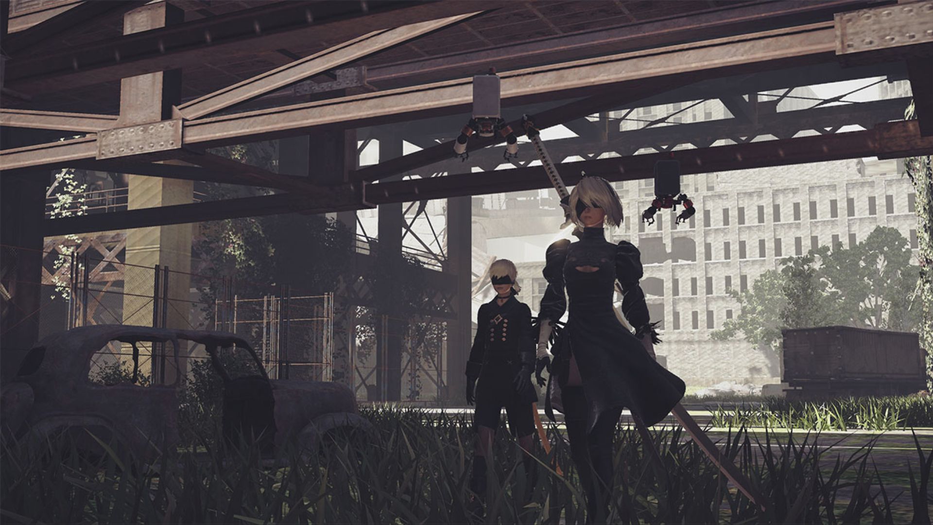 9S and 2B walking through a dilapidated mall in Nier Automata. There is moss growing one things, they look calm, and a pod is floating above each of their heads (Pods are like drones but boxier).