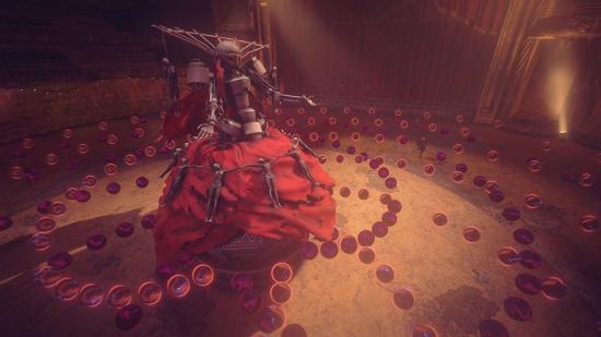 A tall, cylindrical robot with a flowing red dress, surrounded by orbs of red light.