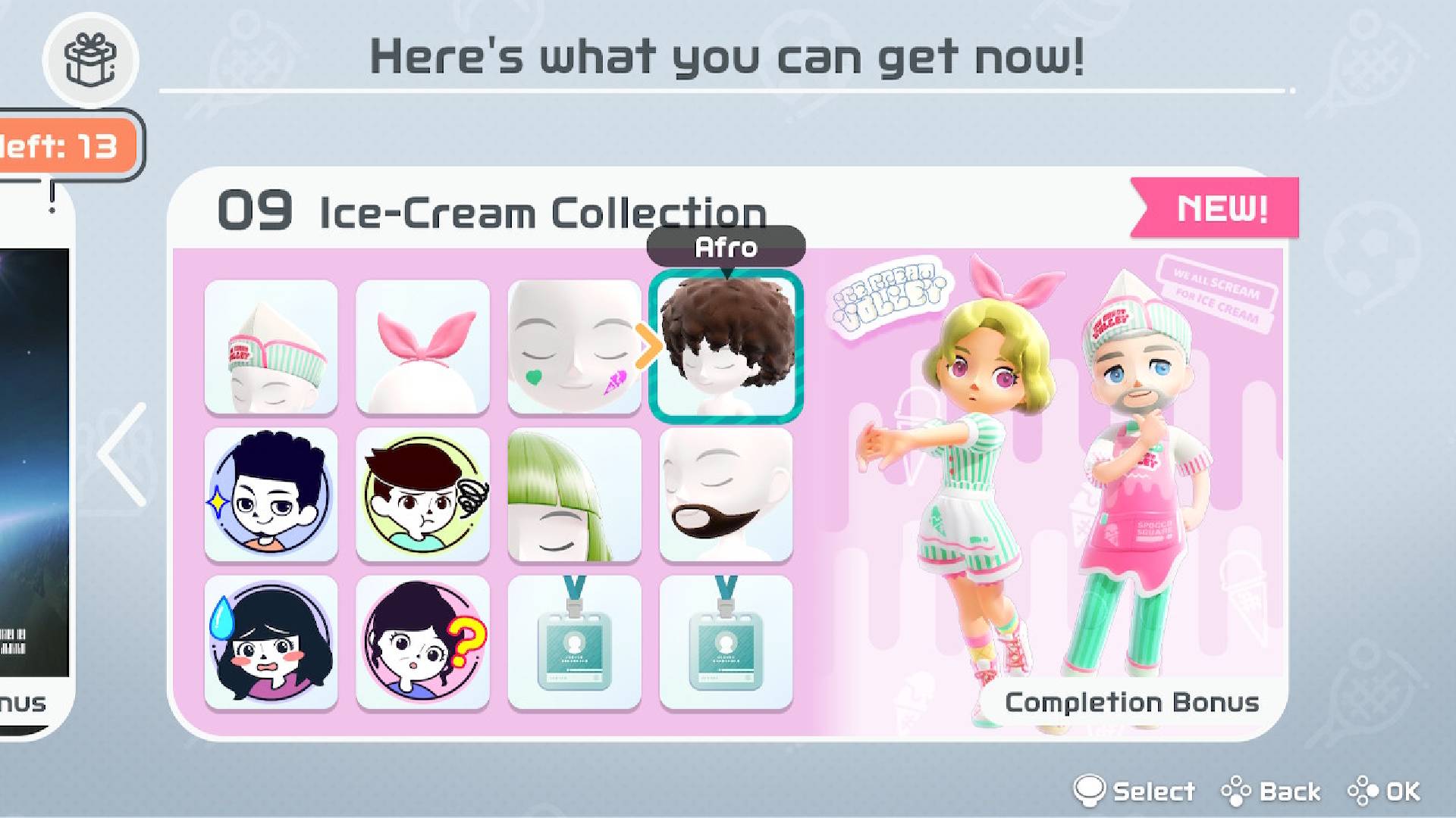 Nintendo Switch Sports Cosmetics: A menu screens shows many different outfits and icons, some of them based off of the theme of 'Ice-Cream'