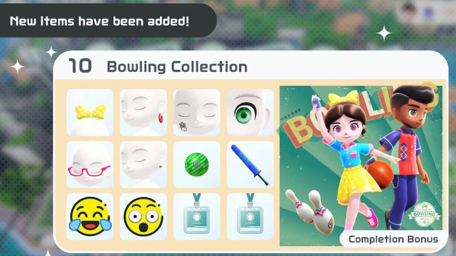 Nintendo Switch Sports cosmetics: A menu shows several different outfits for players of Nintendo Switch Sports, based on the theme of bowling 