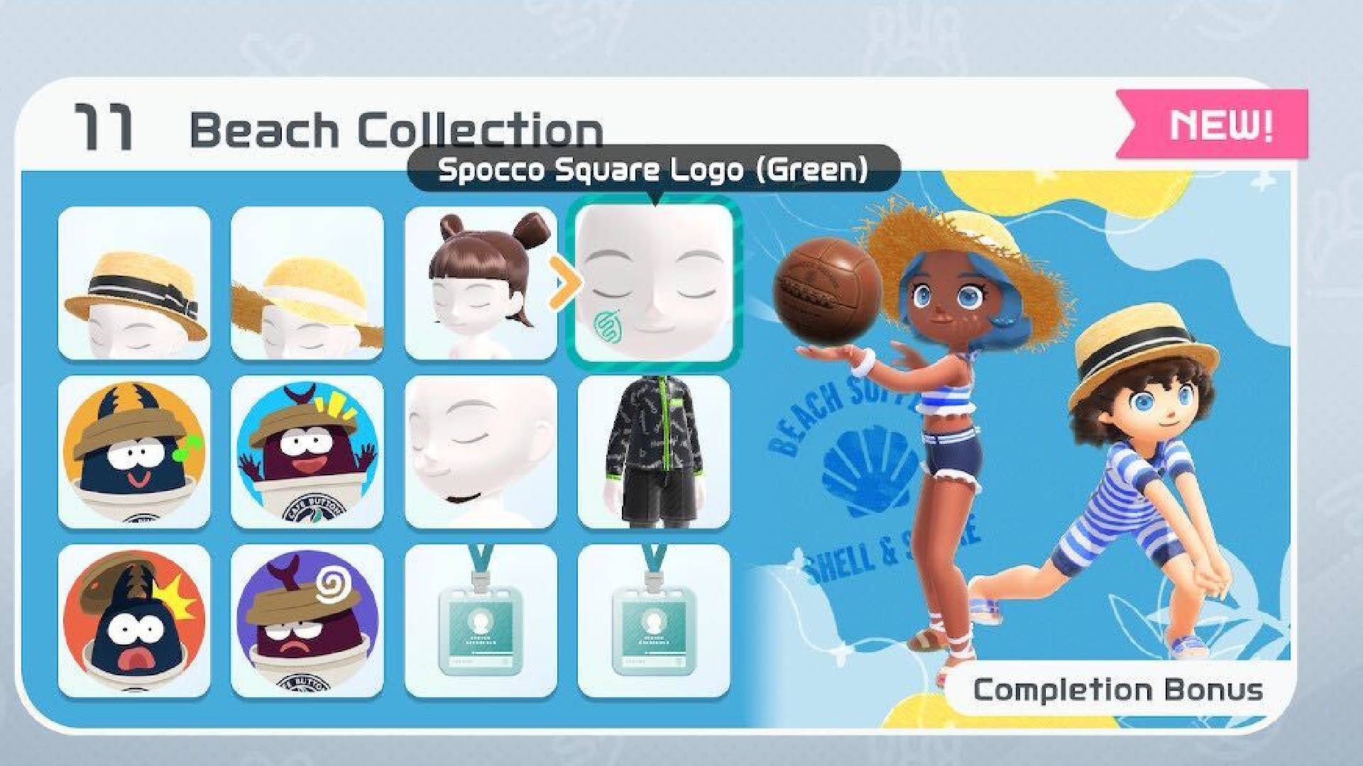 Nintendo Switch Sports cosmetics: A series of outfits are visible for player avatars, called the beach collection