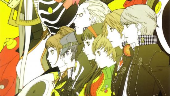 Grafika z Person 4 Golden przedstawiająca różne postacie ustawione w jednej linii, z twarzami patrzącymi w tym samym kierunku.