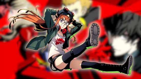 Persona 5 Futaba: Futaba jumping in the air in her casual clothes on a blurry Persona 5 background featuring Joker, Ryuji, Ann and Morgana