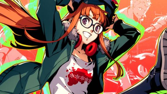 Persona 5 Futaba: the young female character Futaba kicks back with her boots in the air, taking off her headphones