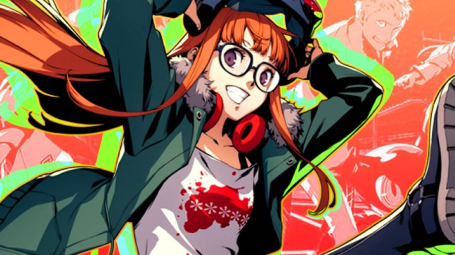 Persona 5 Futaba: the young female character Futaba kicks back with her boots in the air, taking off her headphones