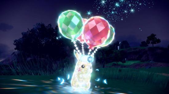 Pokemon Scarlet and Violet pre-order: a screenshot from Pokemon Scarlet and Violet shows a Pikachu incased in some sort of crystaline substance, while balloons appear above it's head
