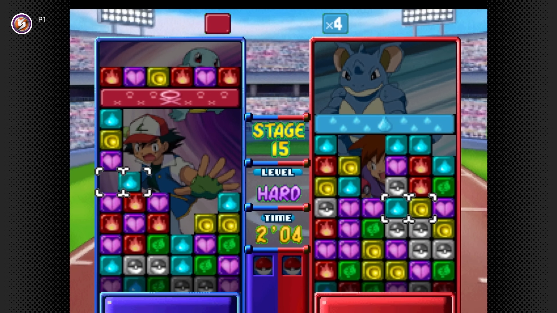 Pokémon Switch games: Pokémon Puzzle League. Image shows a competitive game of Puzzle League in progress. 