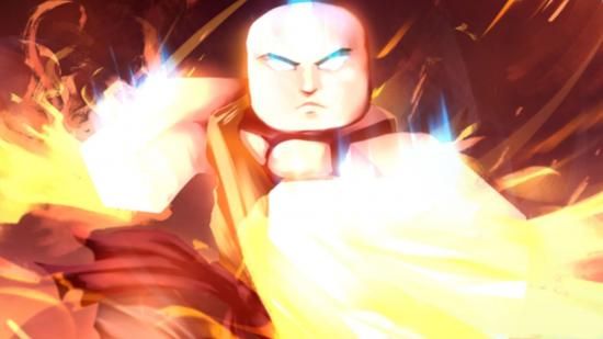 Art for the Roblox game Project Avatar, showing the main character from the Avatar anime enshrouded in red flame, eyes glowing blue, looking ready for a fight.