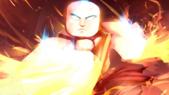 Art for the Roblox game Project Avatar, showing the main character from the Avatar anime enshrouded in red flame, eyes glowing blue, looking ready for a fight.