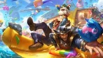 Multiple characters from Riot games slide down colourful slide in celebration of Riot Games' Pride month.