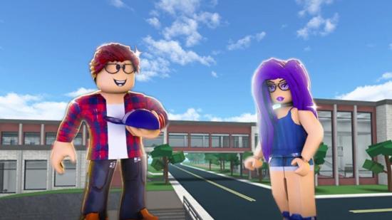 Robloxian High School codes; two students outside a high school in Roblox