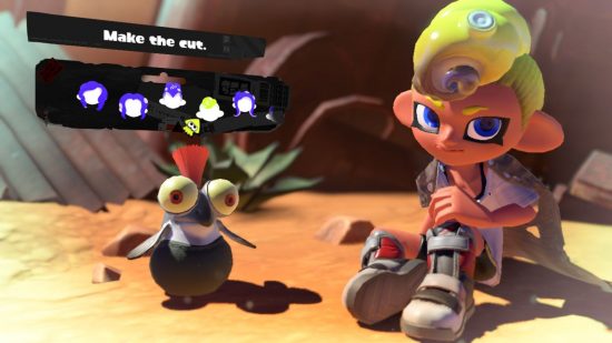 A tall quiff of a Splatoon 3 hairstyle. Shown off by a character with grey shoes, yellow hair, sat in the desert with a cliff face behind them,and a small cute fish creature with an orange tuft of hair coming out the top of their head, and the menu options for choosing the hairstyle above.
