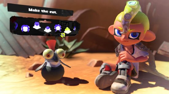 A mowhawk-esque Splatoon 3 hairstyle. Shown off by a character with grey shoes, yellow hair, sat in the desert with a cliff face behind them,and a small cute fish creature with an orange tuft of hair coming out the top of their head, and the menu options for choosing the hairstyle above.