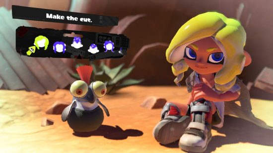 A curly Splatoon 3 hairstyle. Shown off by a character with grey shoes, yellow hair, sat in the desert with a cliff face behind them,and a small cute fish creature with an orange tuft of hair coming out the top of their head, and the menu options for choosing the hairstyle above.