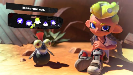 A tall and bushy Splatoon 3 hairstyle. Shown off by a character with grey shoes, yellow hair, sat in the desert with a cliff face behind them,and a small cute fish creature with an orange tuft of hair coming out the top of their head, and the menu options for choosing the hairstyle above.