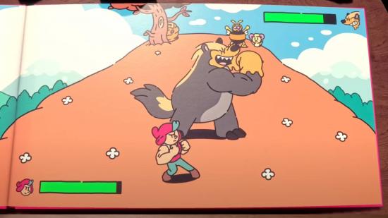 The Plucky Squire release date: a 2D drawing comes to life and shows a character fighting a bear