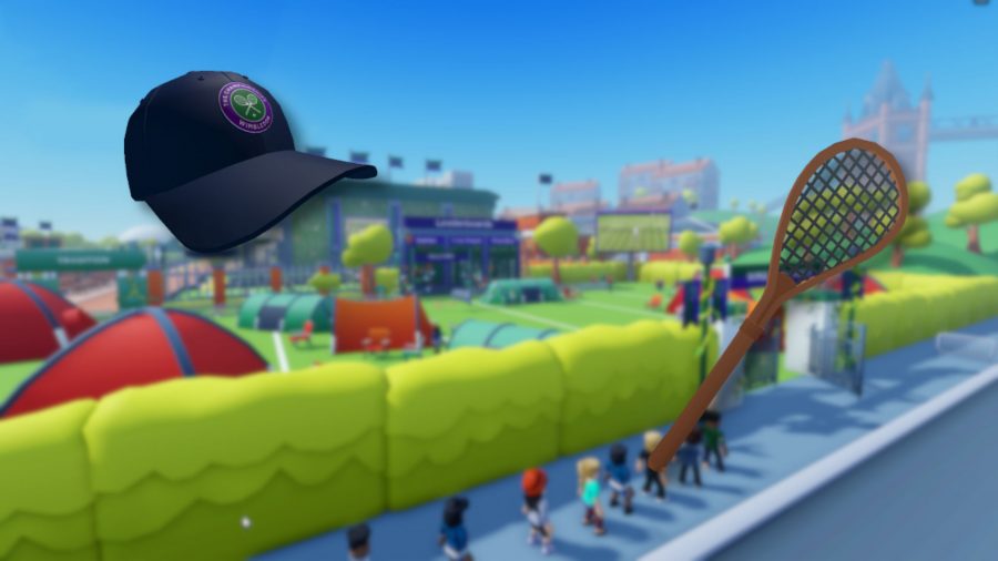 WimbleWorld codes; Roblox characters lining up outside Wimbledon, with the WimbleWorld free items over the top