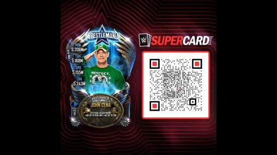 A WWE SuperCard QR code with a picture of John Cena doing a salute next to it.