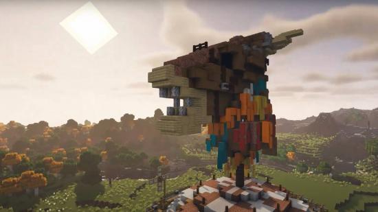 Minecraft Builds：ゲームからのスクリーンショットMinecraftは、日没中にBreath of the Wildから馬小屋を再現します