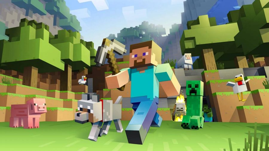 Minecraft servers: key art for the game Minecraft shows the character Steve, wearing blue trousers with a green t=shirt and wielding a pickaxe, walking towards the screen while several square shaped animals flank him