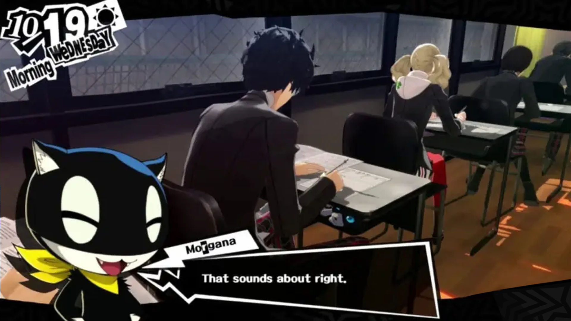 Persona 5 answers; protagonist in class with Morgana encouraging him
