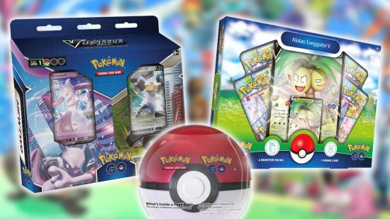 Pokemon TCG: Pokemon Go giveaway: several different Pokemon Go TCG sets are visisble, including ones featruing Mewtwo, Melmetal, and Alolan Exeguttor