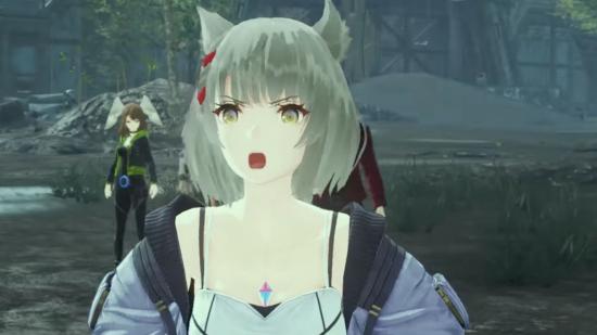Mio, a woman with cat ears, silver hair in a bob, and a silver jacket shouting, in a screenshot from Xenoblade Chronicles 3. She's stood in a muddy plain, with a couple of others far behind her.