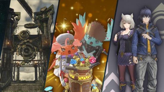 A promo card for the first volume of the Xenoblade Chronicles 3 expansion pass, showing a man and a woman (Noah and Mia) on the right hand side in darker versions of their classic outfits. In the middle is two Noon (little fur ball creatures) in front of a large container overflowing with gold. On the left there is a large mechanical archway with cogs.