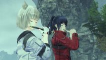 Mio and Noah from Xenoblade Chronicles 3. They are playing their flutes. Noah wears a red jacked, Mio a silver one.