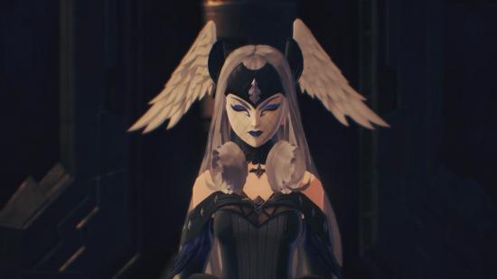 The Queen from Xenoblade Chronicles 3. She has wings on her head, long silver hair, and a white and black mask over her whole face. She is wearing a gothic black dress.