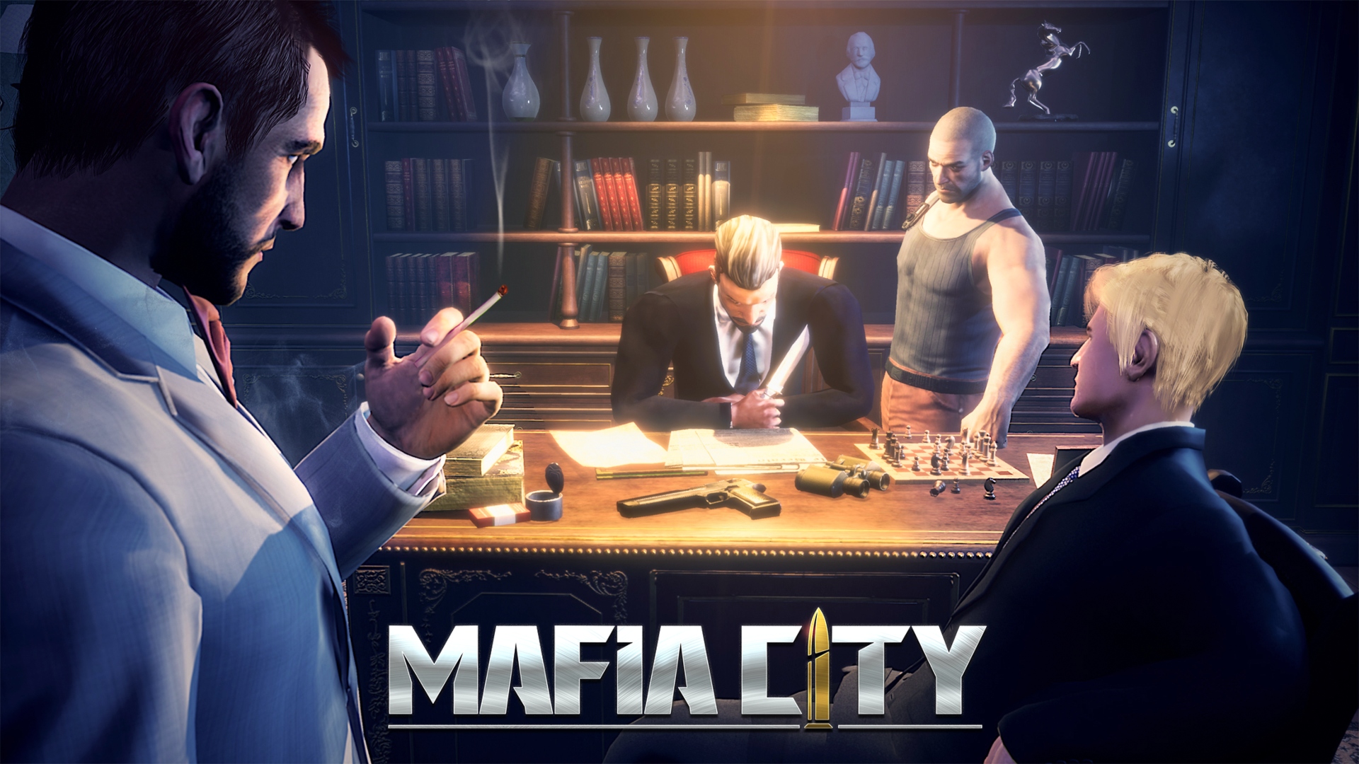 Addictive games - Mafia City. Image shows a group of criminals meeting in a shady room, to the bottom of the image is the logo of Mafia City.