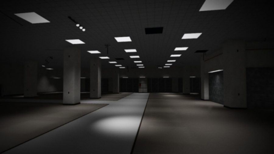 A room with square, white ceiling lights, looking like a banal office, with grey floors, walls, and pillars, in art for Aperiophobia.