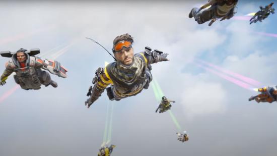 Multiple characters dressed in colourful military gear skydive in Apex Legends Mobile.