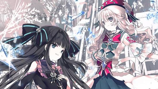 Two anime characters from Arcaea version 4.0. The one on the left has long blonde hair, a brown jacked, and numerous red bows down her front. The one on the left has black hair with blue ribbons, and a black and pink dress.