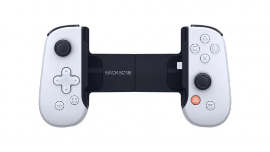 Picture of the sleek Backbone One Playstation Edition controller with its smooth translucent buttons and white fixtures