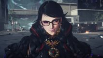 Bayonetta stood in the middle of the street winking and looking sexy