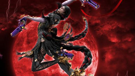 Bayonetta posing with her guns in front of a full red moon in a dark red sky with lightning