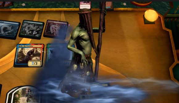 Best iPhone games - Magic: The Gathering Arena. A screenshot shows a withered figure walking across the game board after a move has been made.