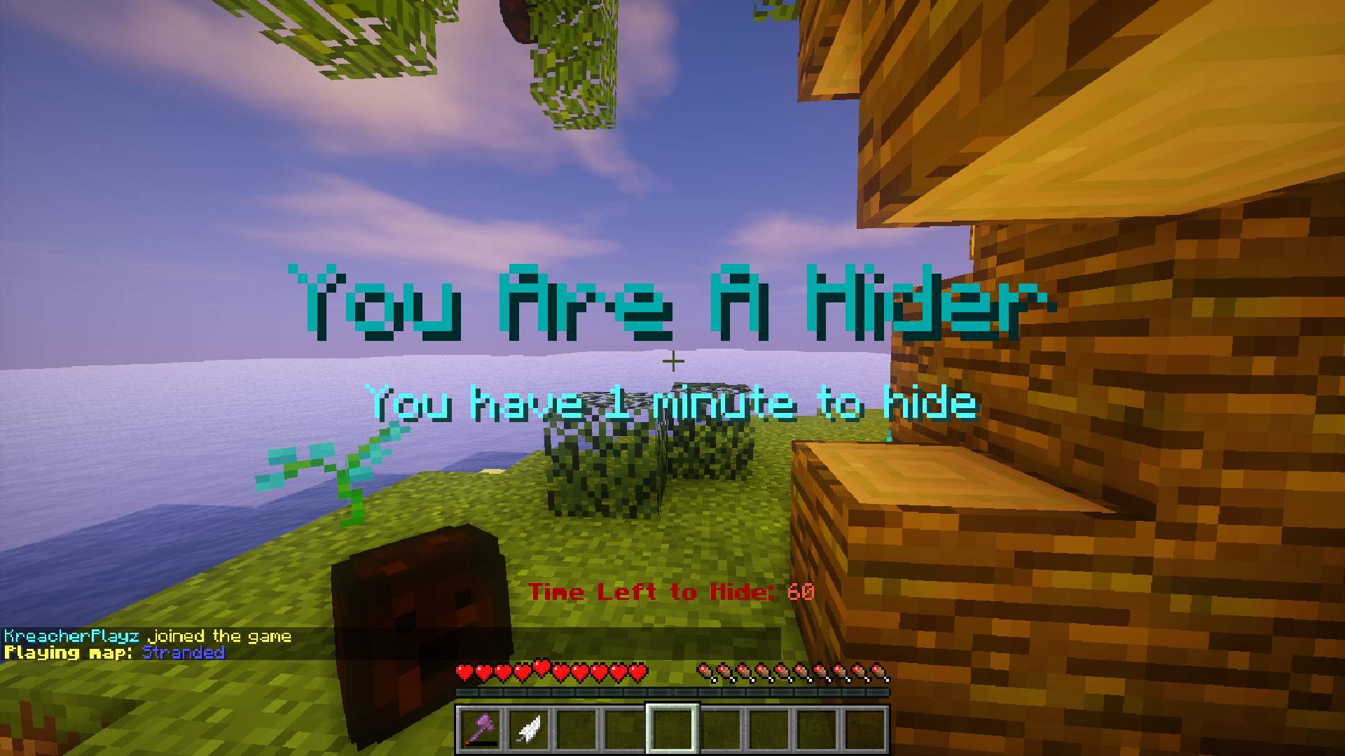 best Minecraft games: a minecraft game of hide and seek is visible, with text saying "you are a hider"