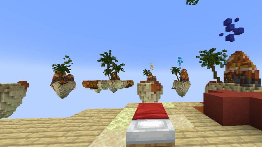 best Minecraft games: a Minecraft minigame is visible with a player defending a small bed on a series of floating islands