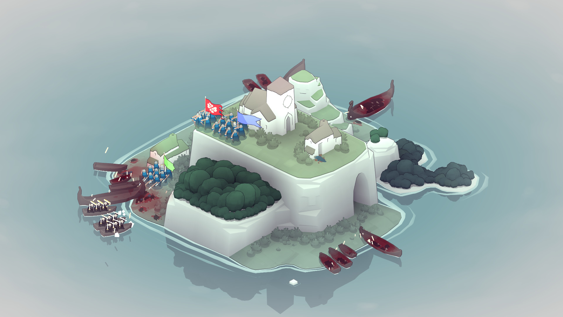 Beste mobile strategispill: Bad North. Bildet viser en øy med forskjellige grupper av mennesker på den