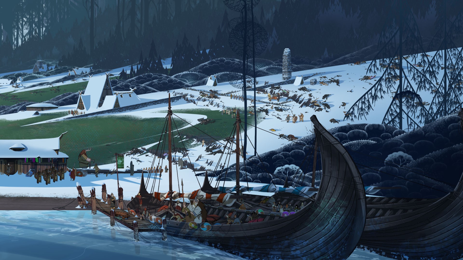 Trò chơi chiến lược di động tốt nhất: Câu chuyện Banner. Hình ảnh cho thấy một con tàu Viking gần một vùng đất tuyết