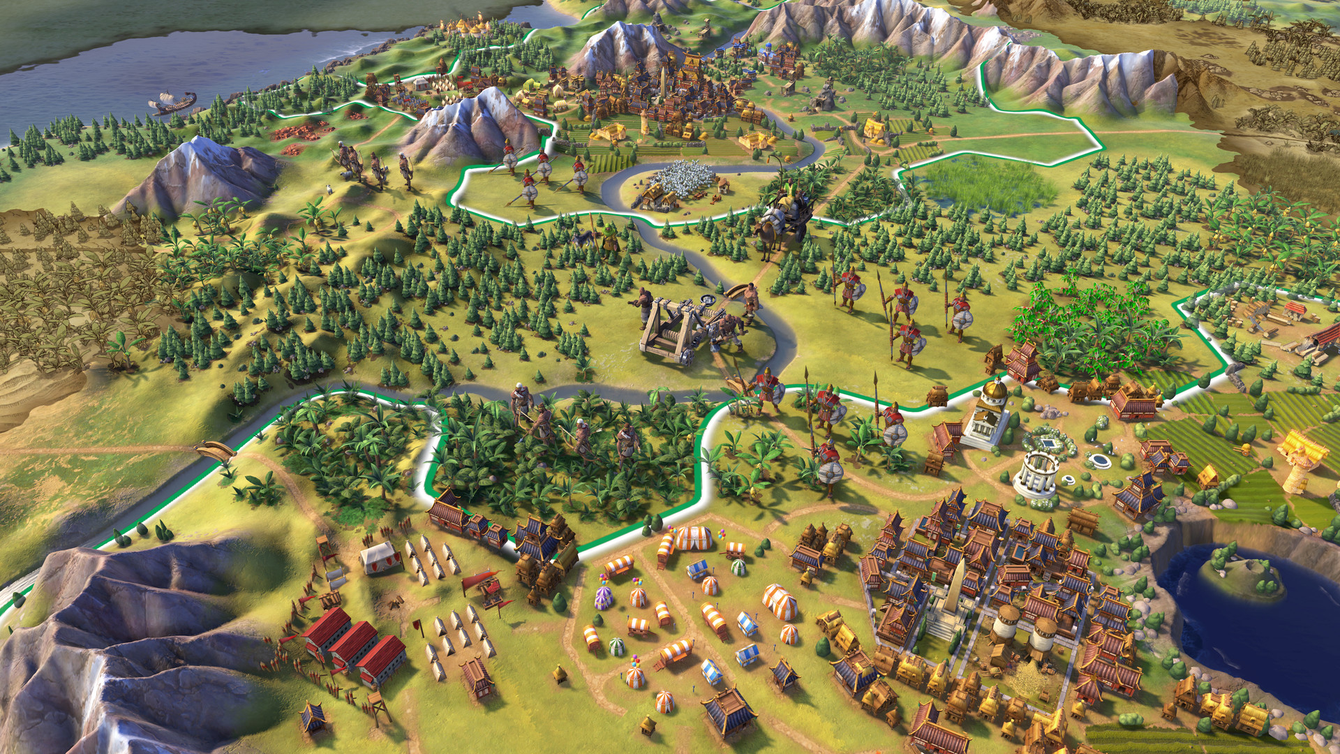 Best mobile strategy games: Civilization VI. Image shows a settlement being set up in sprawling hills.
