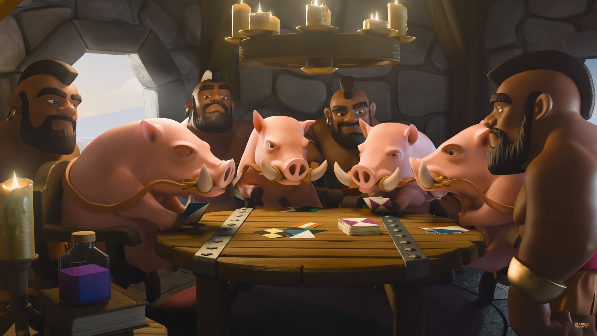 Beste mobiele strategiespellen: Clash of Clans. Afbeelding toont een stel mensen en varkens die rond een tafel zitten
