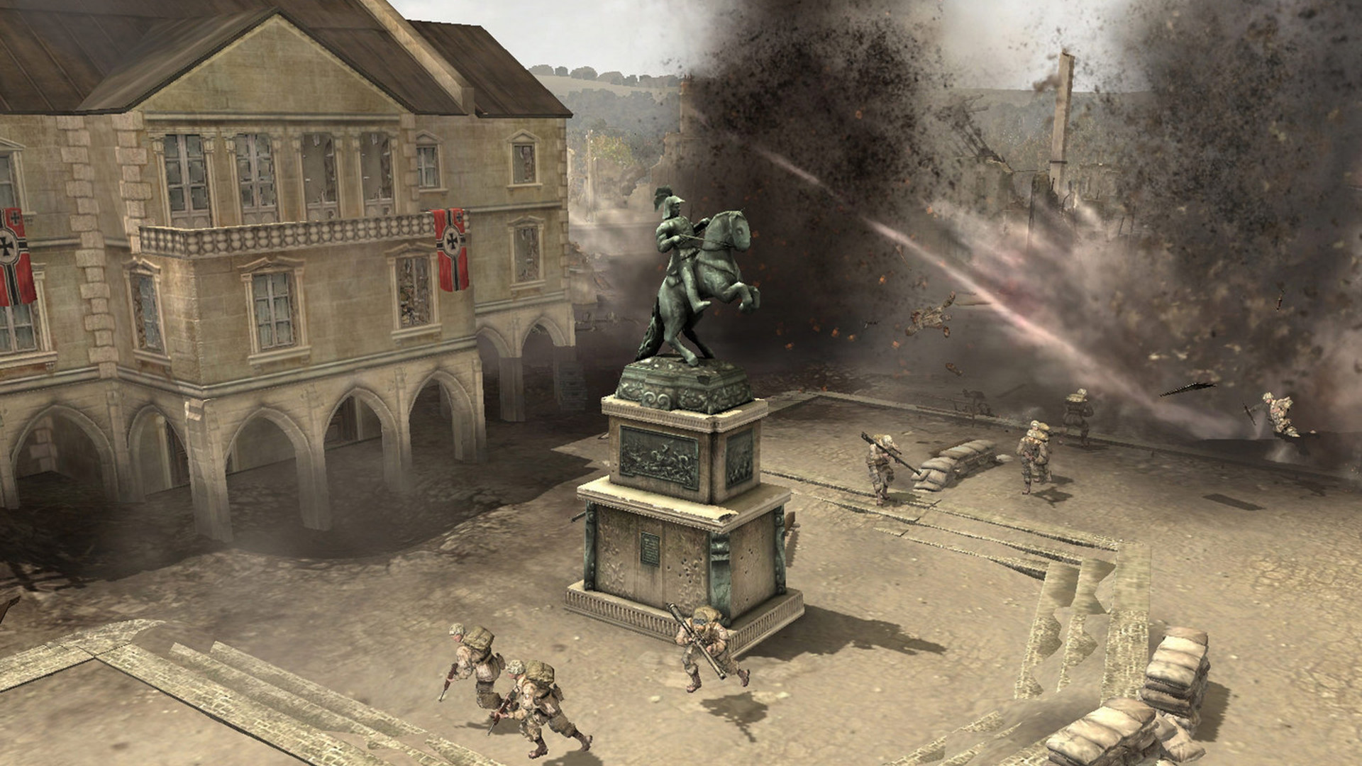 Beste mobiele strategiespellen: bedrijf van helden. Afbeelding toont een stadsplein temidden van gewapende oorlogvoering