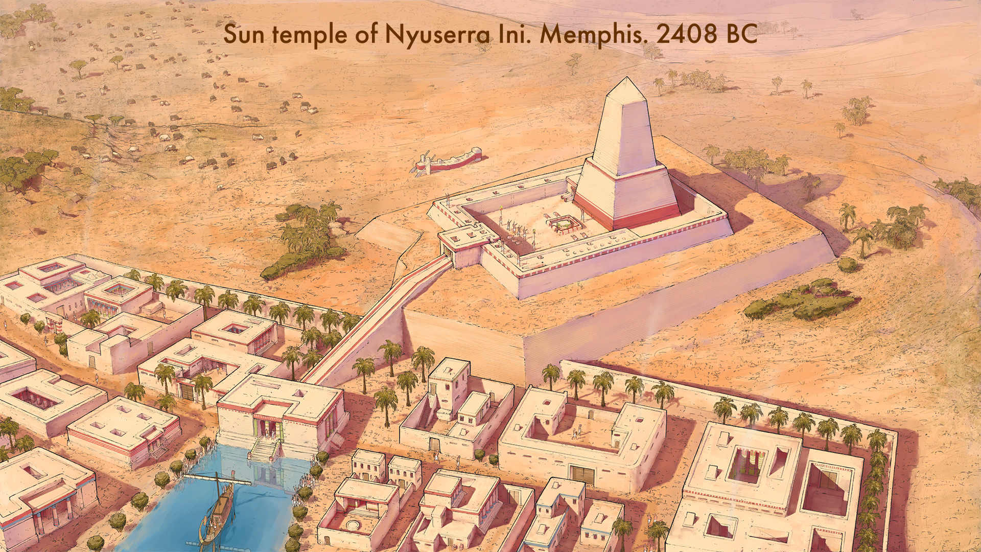 Beste mobiele strategiespellen: Egypte: Old Kingdom. Afbeelding toont een oude Egyptische nederzetting, met tekst die leest